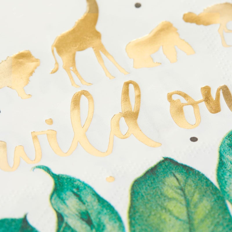 Sparkle and Bash 50 Pack Wild One Napkins for Jungle Safari First Birthday Party Supplies, Animal Print Napkins for Boys or Girls Party, Green Leaves with Gold Foil Accents (5 x 5 In) - Image 5